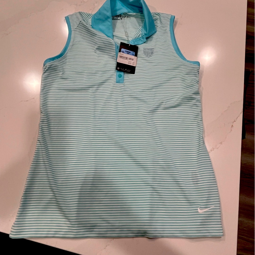 Nike Women's Aqua and White Striped Sleeveless Polo Tank